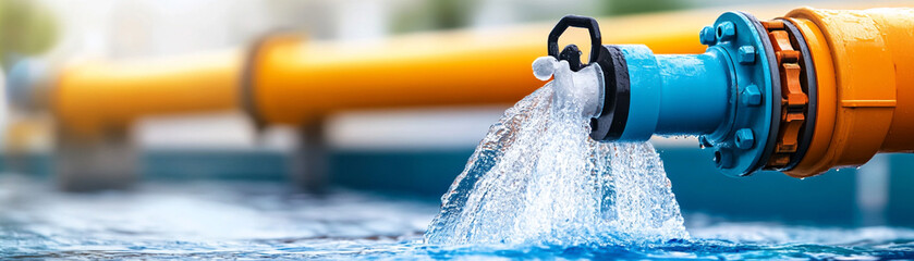 Closeup of industrial water pipe with flowing water outdoors