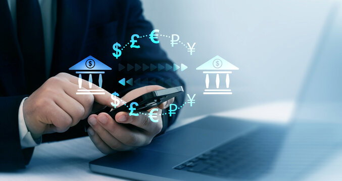 Online banking operations and interbank digital payment.Money transfers from different currencies internationally and currency exchange global.
