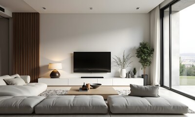 Modern living room interior with sofa, table, lamp, and TV in a luxurious and comfortable apartment setting, Generative AI