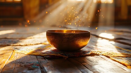 Ancient Tibetan singing bowl bathes in golden morning light, surrounded by mystical atmosphere with carved patterns and temple setting, embodying spiritual meditation practice.