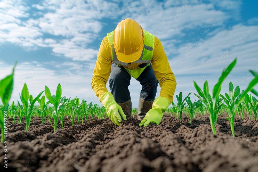 Poster A serene image of an environmental engineer collecting soil samples in a green field for testing