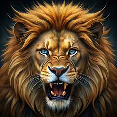 Fototapeta premium Lion portrait, fierce expression, snarling, bared teeth, glowing blue eyes