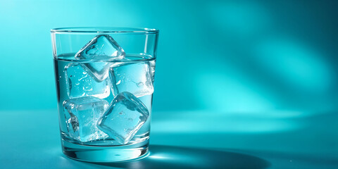 A glass with ice water and ice cubes on a blue background. A refreshing and chilling drink in hot weather. Isolate the free space. Copy space image. Place for adding text and design