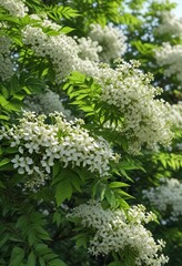 Elderberry foliage with white flowers in June, botanical garden, summer blooms
