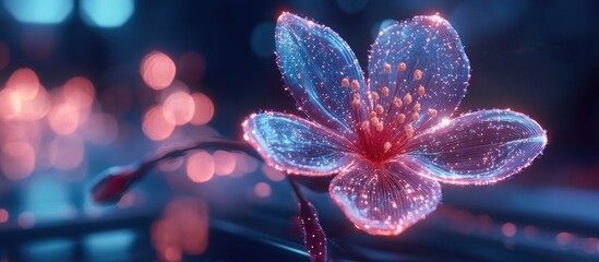 Glowing neon flower blossom in dark night.