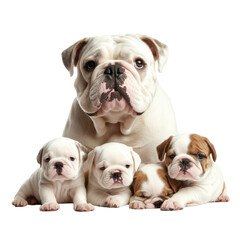 Fototapeta premium Bulldog and four puppies, wrinkled face, care, white background
