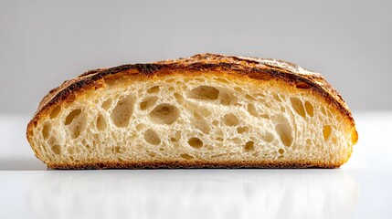 Perfectly toasted bread slice exhibits golden-brown surface with crispy texture, photographed against white background in clean, minimalist style for commercial presentation.