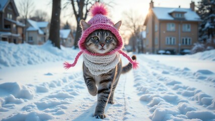 Close-up Adorable Tabby Cat in Pink Winter Hat and Scarf Playing in a Snowy Landscape on a Sunny Day
