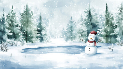 Obraz premium A snowman near a frozen pond surrounded by tall pine trees, with soft snowflakes falling, watercolor style