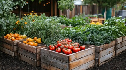Vibrant and Fresh Vegetable Garden Featuring Wooden Planters Filled with Ripe Tomatoes, Green Leafy Greens, and Colorful Citrus Fruits in a Lush Outdoor Setting