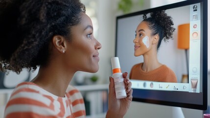 A woman participates in an online skincare consultation, using ai tools to enhance her beauty experience. She holds a skincare product while engaging with the virtual platform for expert guidance.