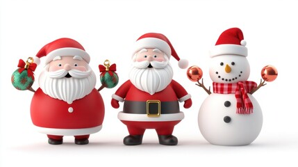 Obraz premium Cute 3D Santa figures standing by a snowman and carrying holiday decorations, perfect for festive themes, on white