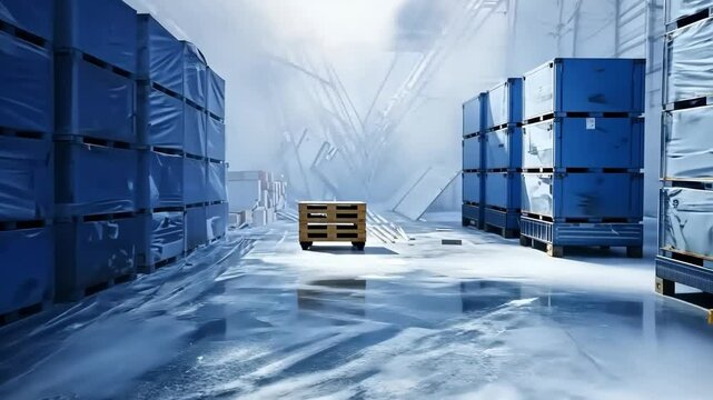 Industrial Warehouse with Wooden Pallets and Stacked Boxes in a Cool Environment
