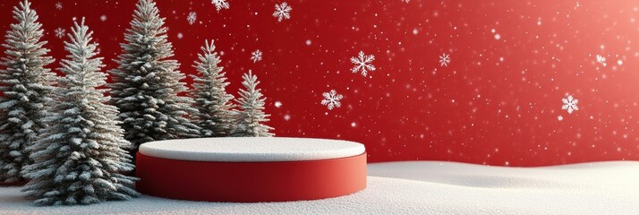 Winter Holiday banner, Traditional Christmas Tree with White Lights, Snowy Landscape under Twilight Sky, Large Snowball on Red Background, for Commercial Uses