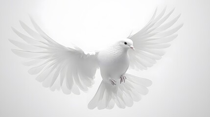 Fototapeta premium Majestic white dove captured mid-flight displays&nbsp;spread wings and pure feathers in&nbsp;graceful pose, symbolizing peace and freedom against&nbsp;pristine studio background.