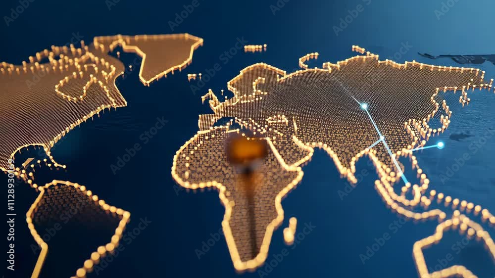 Poster digital world map connection with glowing dots and data points in a tech environment
