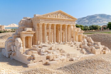 Obraz premium A vibrant 3D render of the Library of Celsus, with a soft focus on the background hills