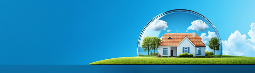 House under protective dome on green hill, blue sky background.