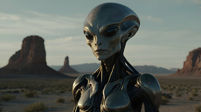 Android in alien landscape alien planet and looks out towards a rocky mountain range in the distance under a cloudy sky landscape background,
