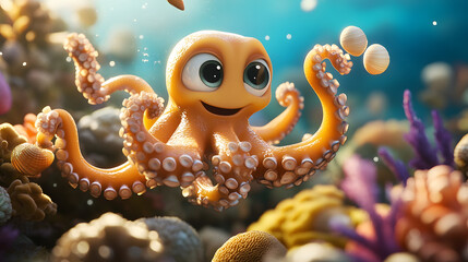 A friendly cartoon octopus juggling seashells underwater in a colorful coral reef.