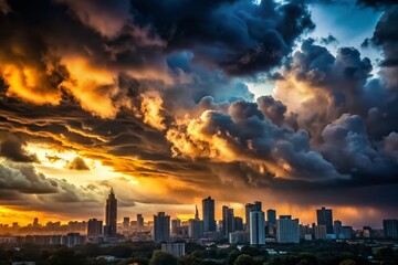 Fototapeta premium Distant City Skyline Under Dark Clouds with Silhouetted Buildings and Fading Light, Capturing the Dramatic Atmosphere of an Urban Landscape at Twilight