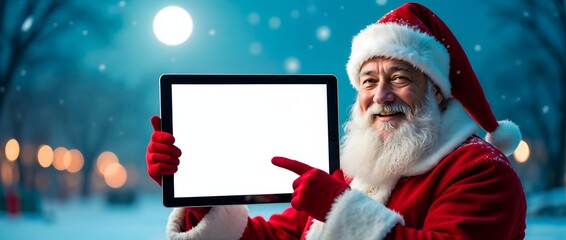 Santa Claus holds a big digital tablet with a blank white screen pointing at it with his hand. Snowy backdrop. Wintery scene, with a bright moon shining in the background