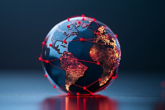 A visual representation of global connections on a digital globe, with red lines and markers symbolizing the epidemic spread