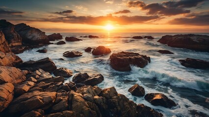 Stunning Sunset Over Rocky Coastline With Waves Crashing and Vibrant Colors in the Sky