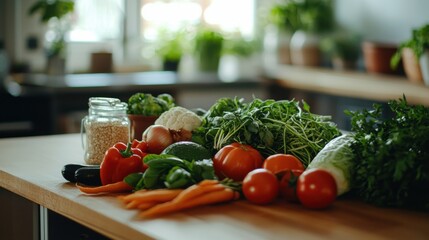Fresh Organic Vegetables on Wooden Table in Rustic Kitchen Setting with Copyspace