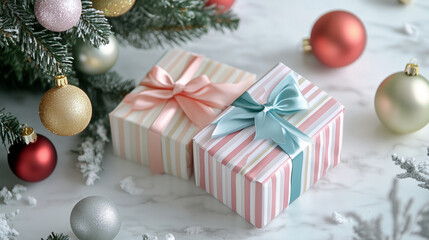 A pair of small gifts with striped wrapping paper and bows, surrounded by colorful ornaments near a festive tree, light background, copy space