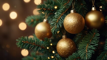 Christmas Tree - Golden Ornament Hanging Fir Branches With Bokeh Lights In Glittering Background