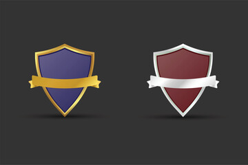 Premium quality golden and silver emblem shield shapes with ribbon. Blank badge element with text space on a dark background. Shield shape vector for Award, Seal, and Exclusive membership Logo design.
