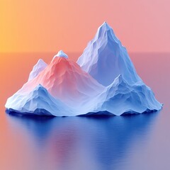 A stylized iceberg with peaks reflecting soft colors in a serene water setting.