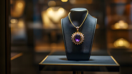A gold and amethyst pendant showcased on a black leather stand in an illuminated boutique window.