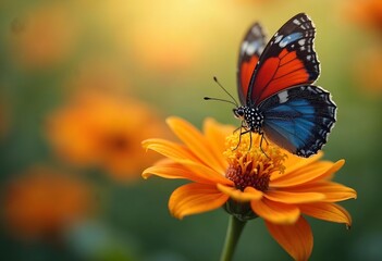 a butterfly on a flower with the sun behind it