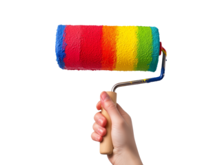 Colorful paint roller held by hand ready for creative painting project at home