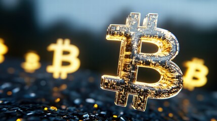 Glowing Bitcoin Cryptocurrency Symbol on Dark Background