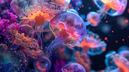 Luminous Jellyfish Bloom in Vibrant Ocean Depths