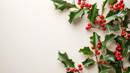Fototapeta premium A curved holly vine with leaves and clusters of berries in each corner, light background, copy space