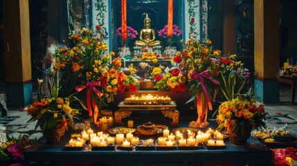Obraz premium Ornate Buddhist Shrine with Flower Offerings and Candles in Temple