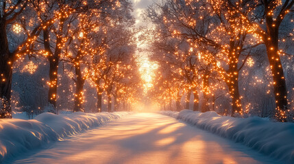 Naklejka premium Magical Christmas wonderland, snowy path with holiday lights, festive winter scene, mystical snowy landscape