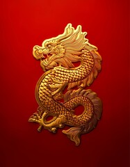 Golden Dragon on Red: Majestic golden dragon, symbol of power, luck, and prosperity, coiled elegantly against a rich red background.  A captivating image rich in symbolism and cultural significance. 