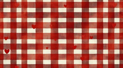 A checkered red and white plaid background with tiny hearts placed between the lines, combining romance and a timeless, cozy design