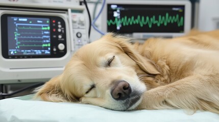Golden retriever dog resting during veterinary medical procedure, connected to life support equipment.