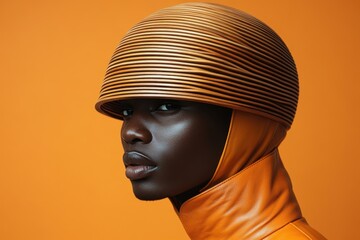 Stylish man in an orange leather jacket with a mysterious covered head pose