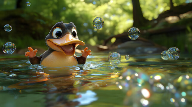 A goofy 3D cartoon platypus playing in a clear river with bubbles floating around.