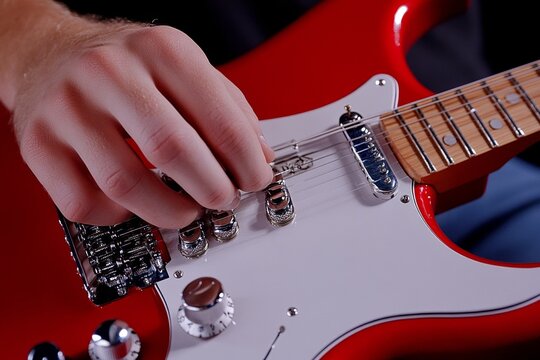 A close-up of a musician hands adjusting the volume and tone knobs on their electric guitar during a performance