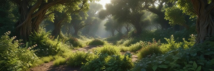 Naklejka premium Dense undergrowth with vines and shrubs cleared in a circular area, woodland, natural process, clear cut