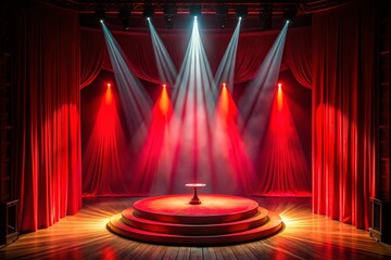 Dramatic Aerial View of a Red Spotlight on a Theater Podium with Silhouetted Anticipation and a Beautiful Curtain Backdrop for a Performance Reveal