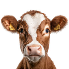 close up portrait of brown and white spotted cow isolated on a transparent background